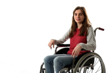 Fototapeta na wymiar Disabled young woman in wheelchair on white background
