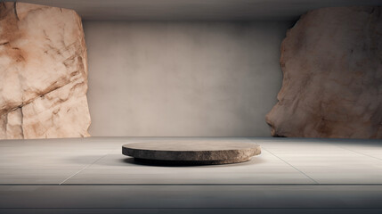 Modern stone plattform for product presentation. Isolated grey dark background with rocks and concrete