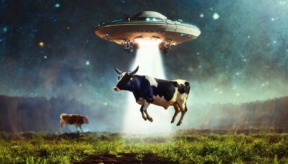 An alien spacecraft abducting and lifting a cow