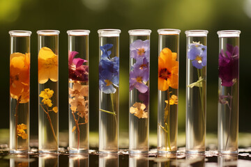 colorful flowers in test tubes, chemical lab, chemistry, science, experiment,  beautiful, nature, green, ewg, esg, environment, eco-friendly