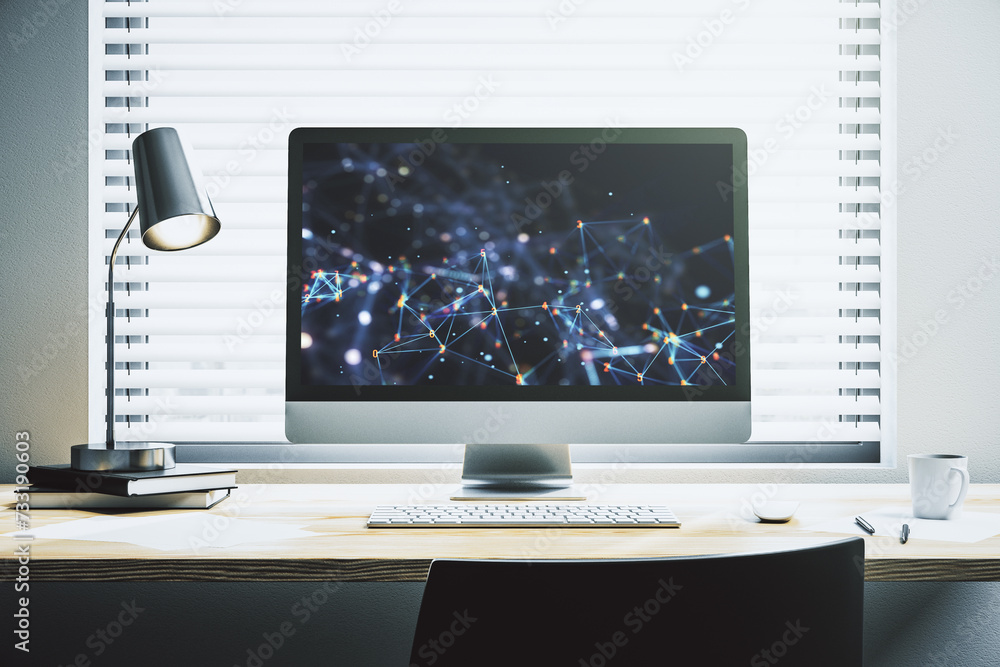 Leinwandbilder Creative abstract wireless technology hologram on modern computer monitor, artificial intelligence and machine learning concept. 3D Rendering