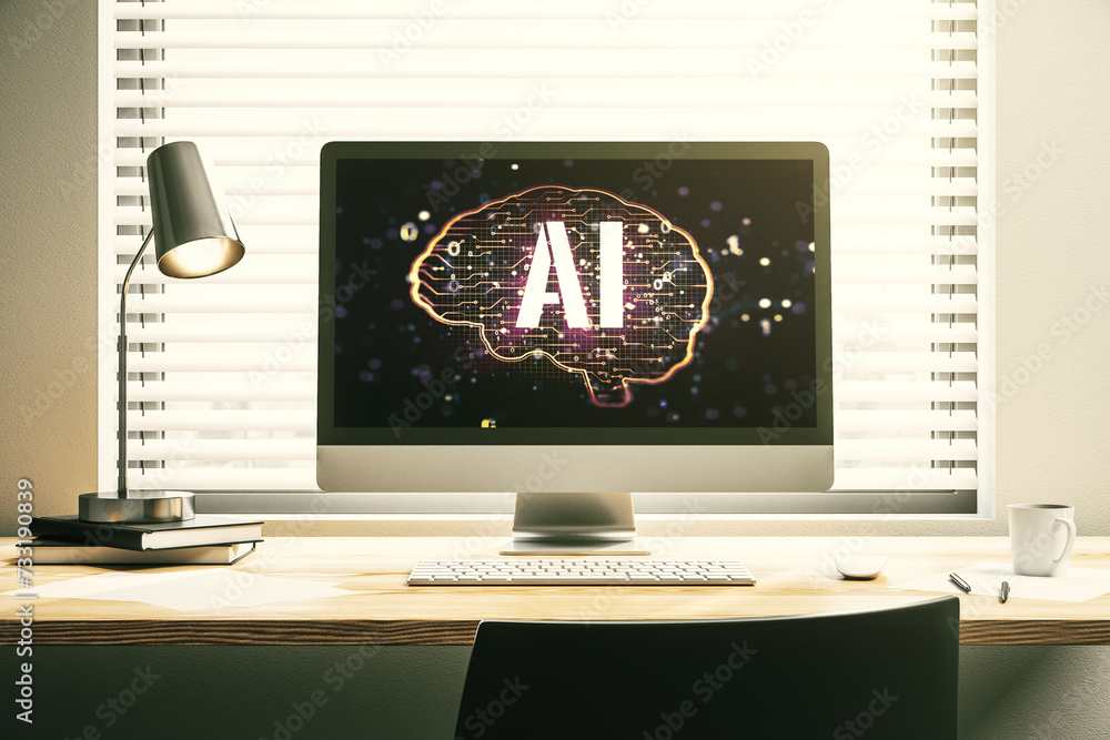 Poster creative artificial intelligence concept with human brain hologram on modern laptop screen. 3d rende