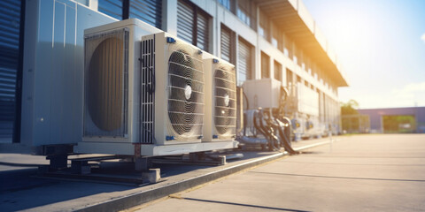 Condenser unit or compressor outside factory plant. Unit of ac air conditioner, heating ventilation or hvac air conditioning system.