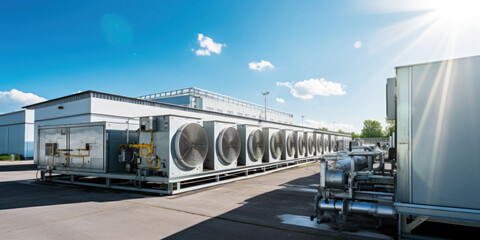 Condenser unit or compressor outside factory plant. Unit of ac air conditioner, heating ventilation or hvac air conditioning system.