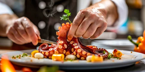 Fotobehang Chef Artfully Plating Octopus and Vegetables in Gourmet Presentation  © Infini Craft