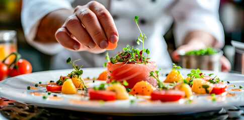 Obraz na płótnie Canvas Chef Perfecting Tuna Tartare Presentation with Fresh Vegetables 