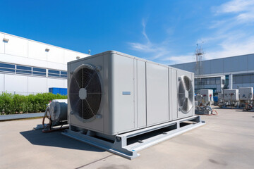 Condenser unit or compressor outside factory plant. Unit of ac air conditioner, heating ventilation or hvac air conditioning system.