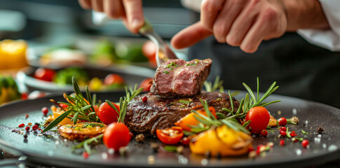 Chef Finishing Gourmet Steak and Vegetable Plate in Modern Kitchen
