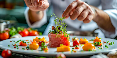 Obraz na płótnie Canvas Chef Garnishing Fresh Tuna and Vegetable Dish in Fine Dining Restaurant 