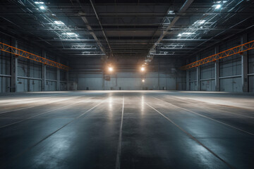 Empty floor, interior of industrial, commercial building. Construction by metal, steel, concrete. Modern factory, warehouse, hangar for backgroud.