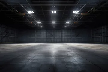 Tuinposter Empty floor, interior of industrial, commercial building. Construction by metal, steel, concrete. Modern factory, warehouse, hangar for backgroud. © Wararat