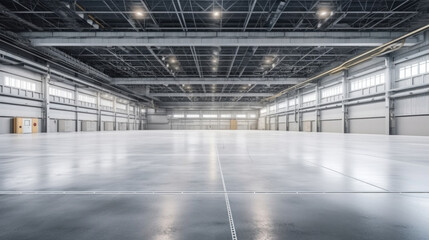 Fototapeta premium Empty floor, interior of industrial, commercial building. Construction by metal, steel, concrete. Modern factory, warehouse, hangar for backgroud.