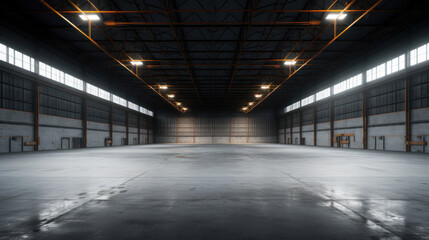 Empty floor, interior of industrial, commercial building. Construction by metal, steel, concrete. Modern factory, warehouse, hangar for backgroud. - obrazy, fototapety, plakaty