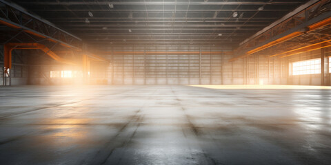 Empty floor, interior of industrial, commercial building. Construction by metal, steel, concrete. Modern factory, warehouse, hangar for backgroud.