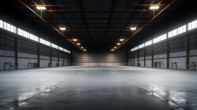 Empty floor, interior of industrial, commercial building. Construction by metal, steel, concrete. Modern factory, warehouse, hangar for backgroud.
