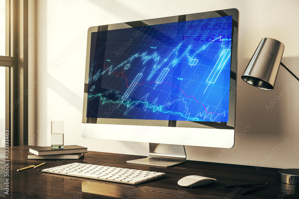 Poster modern computer display with abstract financial graph, financial and trading concept. 3d rendering