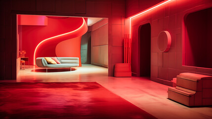 Interior of modern liminal space with red walls, carpet and sofa
