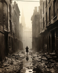 Old black and white street photography from the 19th century, Foggy alley, London.