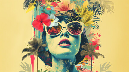 Tropical Fashion Portrait with Floral Elements and Vibrant Splatters, Retro Style Illustratio