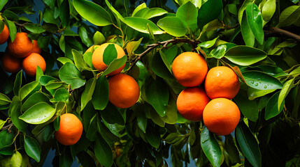 Ripe oranges on the tree, close-up.
