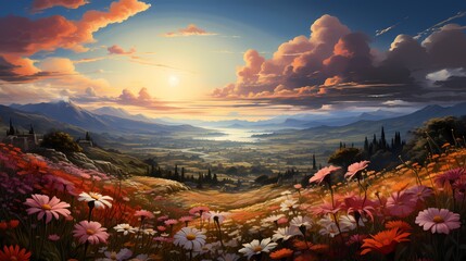 A top view of a vibrant flower garden with colorful blooms, set against a backdrop of blue skies and fluffy clouds, showcasing the beauty and diversity of nature's creations - Powered by Adobe