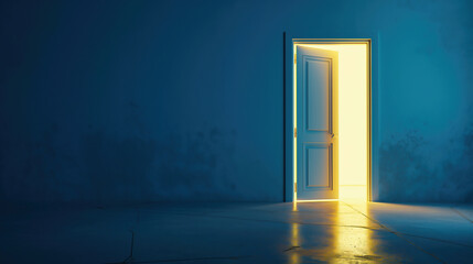Illuminated door in a dark room with a blue wall
