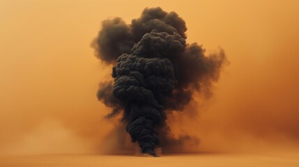 A black smoky smoke isolated on a brown background. The smoke looks like a smokestack, polluting and dirtying everything around it.  - obrazy, fototapety, plakaty