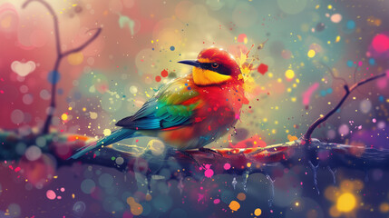 Colorful Bird on a Branch with Abstract Artistic Background, a Fusion of Wildlife and Art