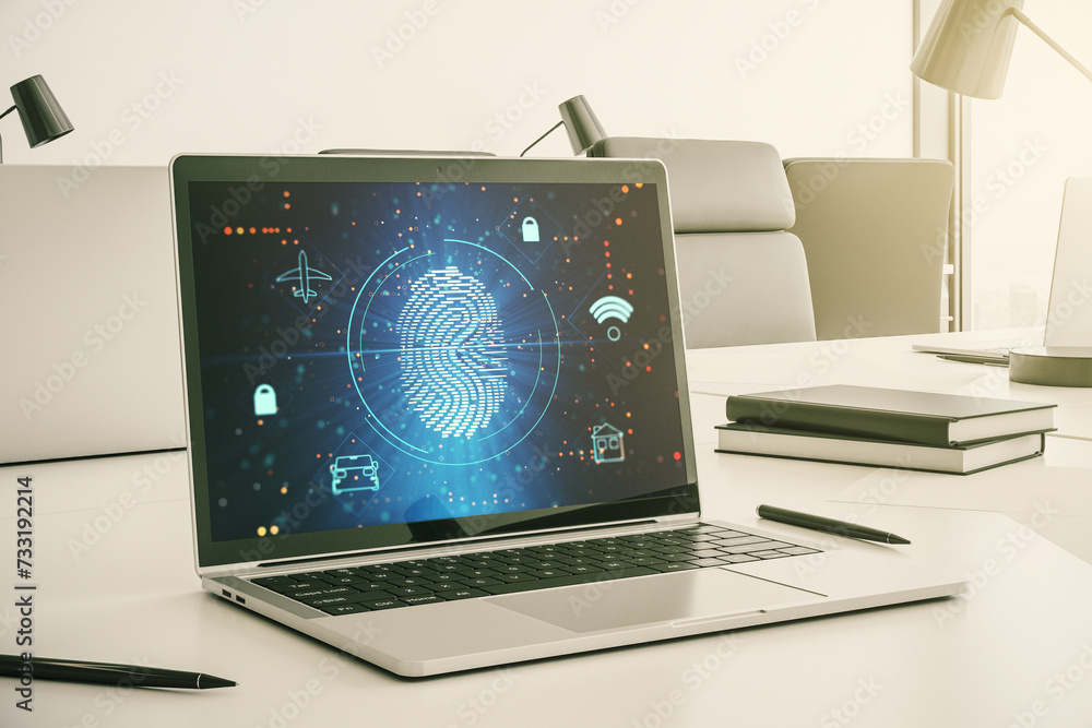 Leinwandbilder Computer monitor with abstract fingerprint scan interface, digital access concept. 3D Rendering
