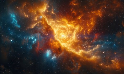 Fototapeta premium stars over a nebula, in the style of technological sense, azure and amber, light amber and sky-blue, rollerwave, light crimson, iconic, cyberpunk