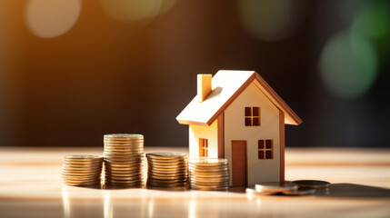 Mini house with stack of coins. Concept of investment.