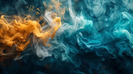 A burst of vibrant chartreuse, cosmic teal, and sunlit gold smoke swirling artistically against a deep obsidian backdrop, creating a bold and energetic abstract composition. 