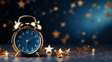 A great alarm clock in golden color. Minimalist design, background with stars. Space for copying. Generative AI