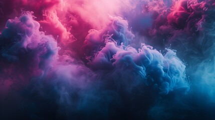 A burst of vibrant magenta, azure, and chartreuse smoke swirling artistically on a deep obsidian background, forming a dynamic and mesmerizing abstract composition.  - obrazy, fototapety, plakaty