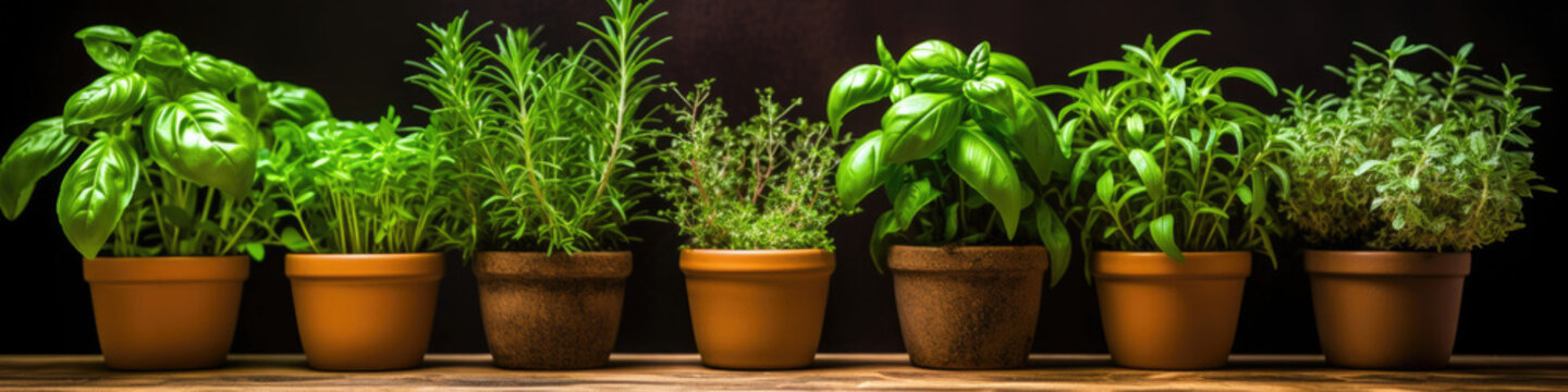 Potted herbs in a row add freshness to the kitchen
