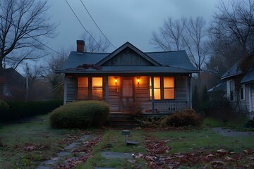 A quaint home radiates warmth from its windows, contrasting the dusky gloom of an overcast evening, creating a haven of comfort.