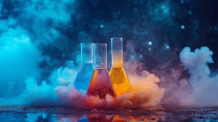 Vibrant chemicals reacting in beakers, showcasing the dynamic beauty of chemistry - obrazy, fototapety, plakaty