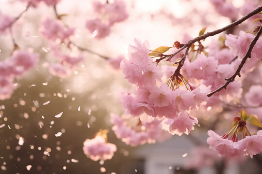 A blooming cherry blossom tree with petals gently falling in the breeze