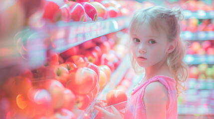 Fototapeta na wymiar a little girl in a store holding a carton of apples