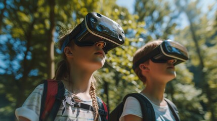 Teenagers exploring virtual worlds together in a public park