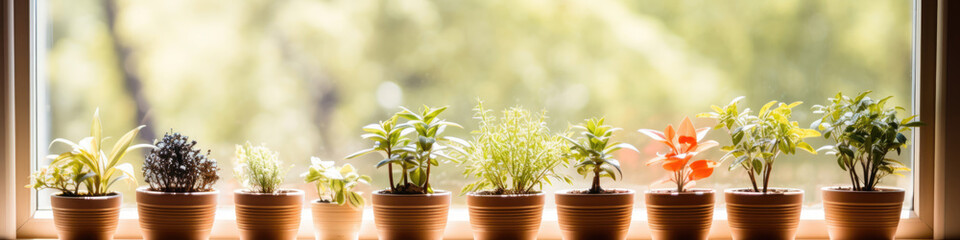 Fototapeta premium Ceramic plant pots in a row adorn the windowsill