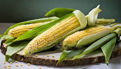 Fresh yellow sweet corns on table. Organic and tasty farm food. Natural vegetable.