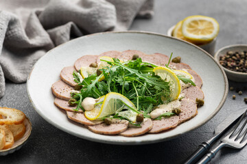 Vitello Tonnato, traditional Italian food, selective focus