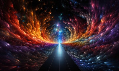 tunnel through spacetime This image captures the moment matter and energy cross the event horizon, entering a wormhole 
like tunnel that connects the parent universe to the newly spawned universe - obrazy, fototapety, plakaty