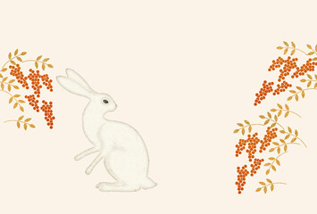 振り向く白いウサギと赤い実のなる木　