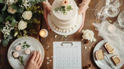 A bride's hands are seen arranging a cake tasting setup with elegant white roses and a wedding planning checklist, capturing the essence of matrimonial preparation.. - obrazy, fototapety, plakaty