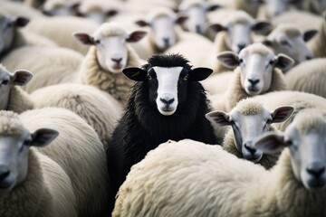 A black sheep among a flock of white sheep, raising head as a leader - Concept of standing out from the crowd, of being different and unique with its own identity and special skills among the others.