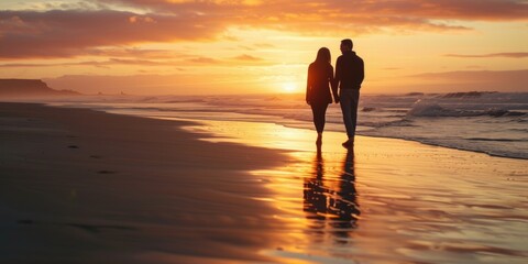 couple in love walking along the seashore Generative AI