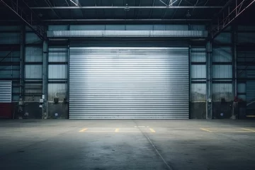 Fotobehang Roller door or roller shutter, concrete floor in industrial building i.e. modern factory, plant, warehouse, shop, garage or store. © Wararat