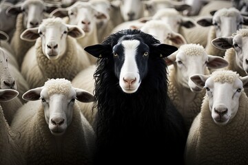A black sheep among a flock of white sheep, raising head as a leader - Concept of standing out from the crowd, of being different and unique with its own identity and special skills among the others.